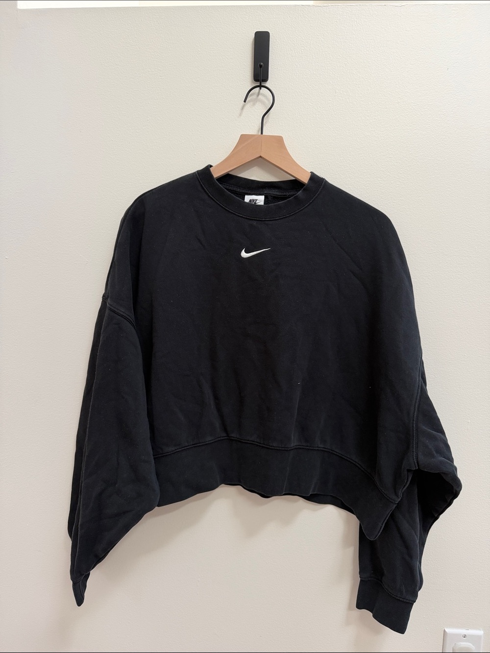 Nike Black Cropped Crew Sweatshirt with White Swoosh